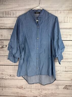 Minimal Blue Chambray Button Down Top Medium Balloon Sleeves Boho Coastal Career